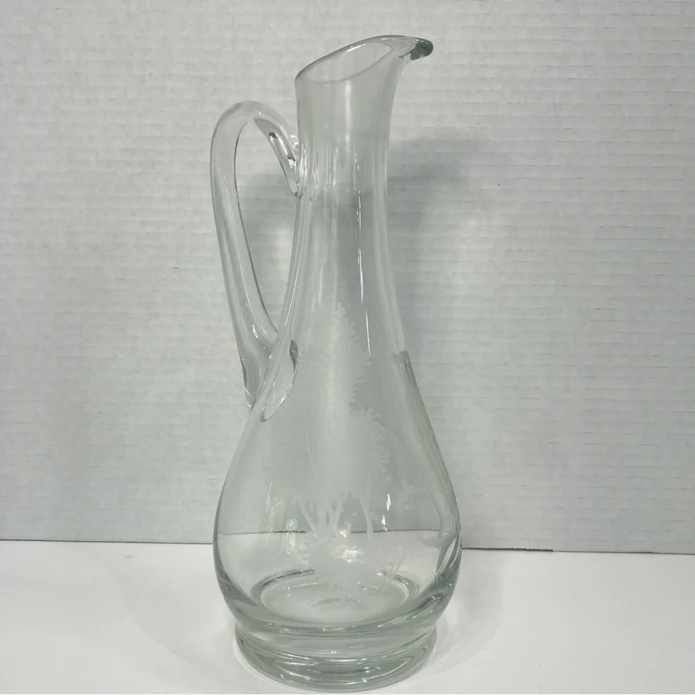 Etched Clear Glass Long Neck Bar Carafe 11” Owl Tree Branch Elegant Barware